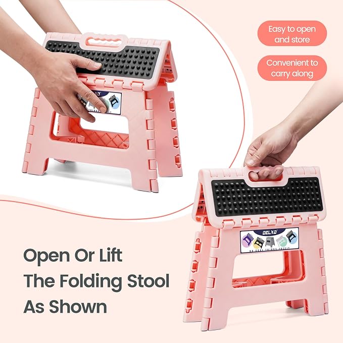 Delxo 9 Inch Kids Step Stool,300 Lbs Folding Step Stool for Toddler Pink | Foldable Step Stool,Non-Slip Foot Stools with Handle, Lightweight Collapsible Stool for Kitchen,Bathroom,Bedroom,Garden - Image 5