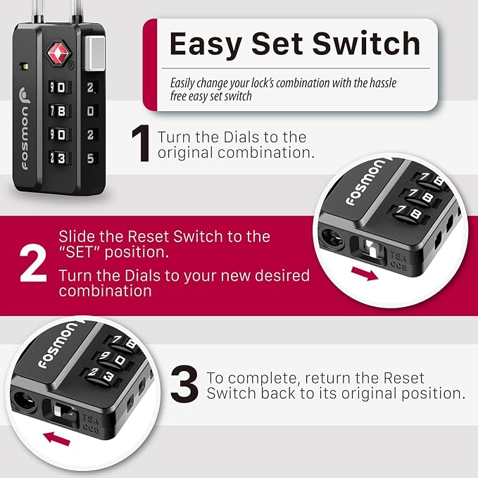 Fosmon TSA Approved Luggage Locks, 4 Digit Combination, 2 Pack Black | Open Alert Indicator, Heavy Duty Metal Body, Cable Travel Lock, Suitcase Backpack Padlock, Anti Theft Security - Image 5