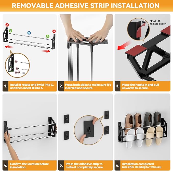 3 Pack Wall Mounted Shoe Rack, No Drill Adhesive & Screw 2-in-1 Holds 12 Pairs, Space-Saving Vertical Storage for Entryway, Bathroom & Kitchen, Renter Friendly Fits Tile Marble Glass Wood Wall (Black) - Image 5