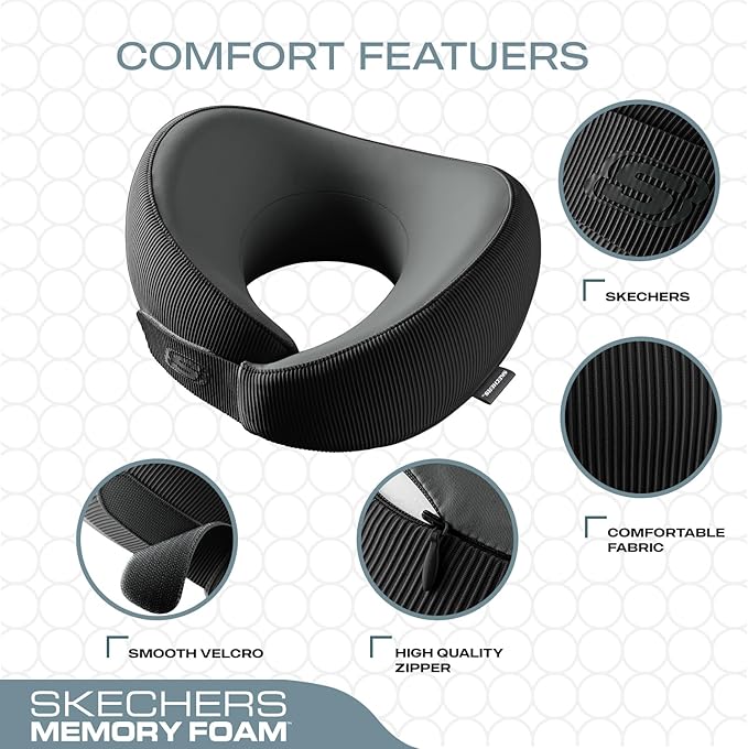 Skechers Men's Memory Foam Neck Pillow, Comfortable & Breathable Travel Pillow,Neck Pillow Airplane for Travel, Car Rides, Home, and Office Use, Ergonomic Design for Men and Women,Black - Image 3