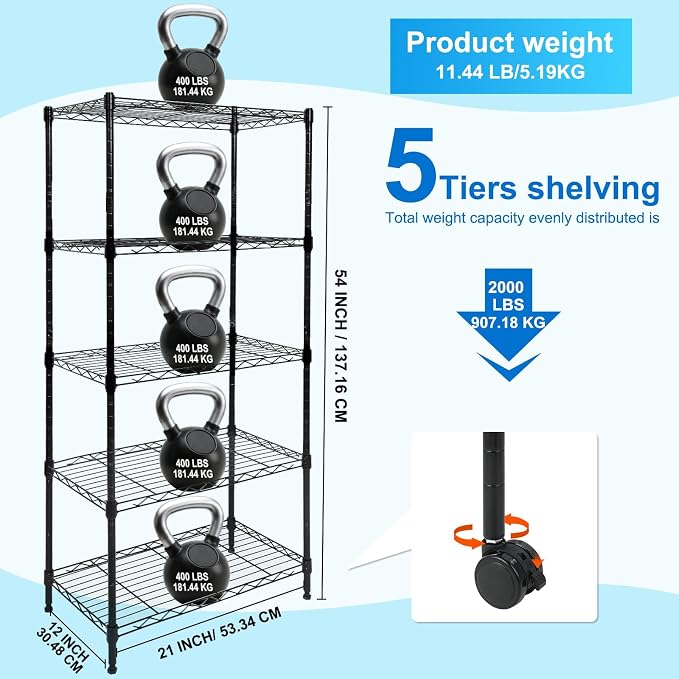 Whitmor 5 Tier Shelving Unit, Adjustable Storage Shelves with Wheels, Wire Shelving, 400 lbs Capacity per Shelf, Max 2000 lbs Total for Laundry, Garage, Plant, 21" L x 12" W x 54" H, Black - Image 3