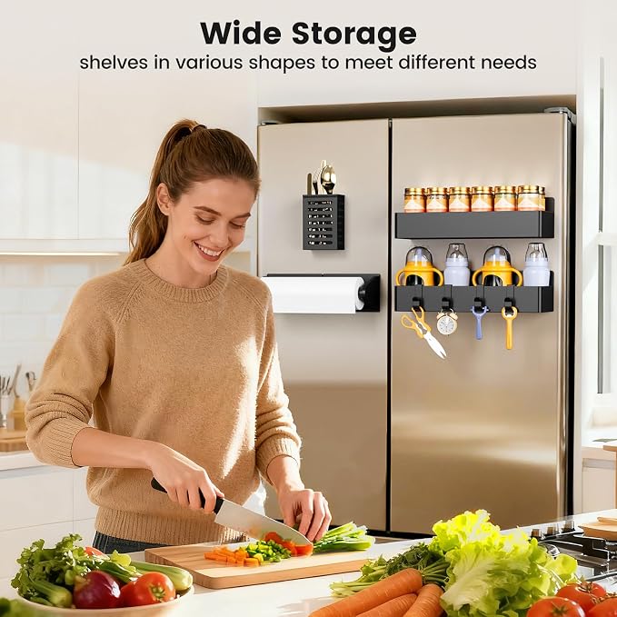 Magnetic Spice Rack for Refrigerator,4 Pack Magnetic Shelf,Fridge Magnet Organizer with Paper Towel Holder and Utensils Racks,Fridge Organizers and Storage Black(4 Pack) - Image 6