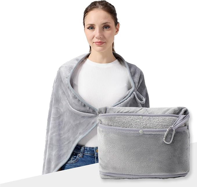 Packable Travel Throw Blanket, Light Grey | Soft lightweight wearable travel accessory with carry pouch, airplane blanket, road trips, office naps,outdoor camping by SHINEDOOR