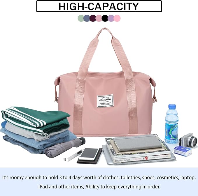 INVODA Travel Duffel Bag For Women and Men Waterproof Expandable Weekender Overnight Bag Carry on Tote Bag Dry Wet Separation Swim Sports Travel Gym Bag (Dark Pink) - Image 8