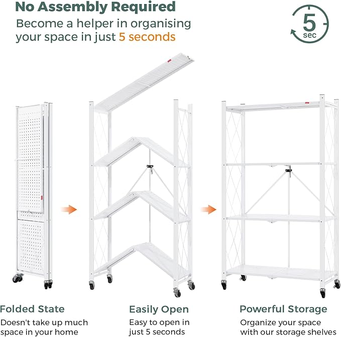 DEANIC 4 Tier Foldable Storage Shelves with Wheels, Large Capacity Shelving Unit, Freestanding Metal Wire Shelf Rack, No Assembly Organizer Rack for Garage Kitchen, Basement, Pantry(White Pack of 2) - Image 5