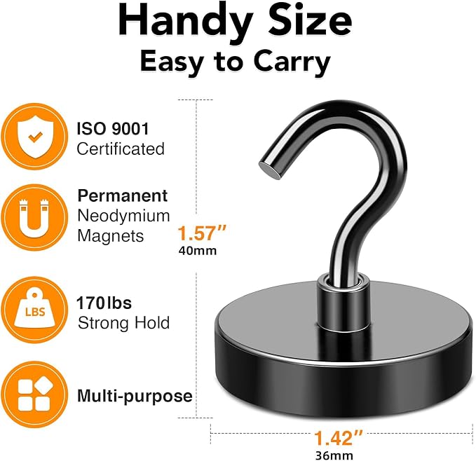 Black Magnetic Hooks Heavy Duty 170LB+ Strong Neodymium Magnets | Magnetic Hooks with Epoxy Coating for Hanging, Magnets with Hook for Cruise Home Workplace 10 Pack - Image 4