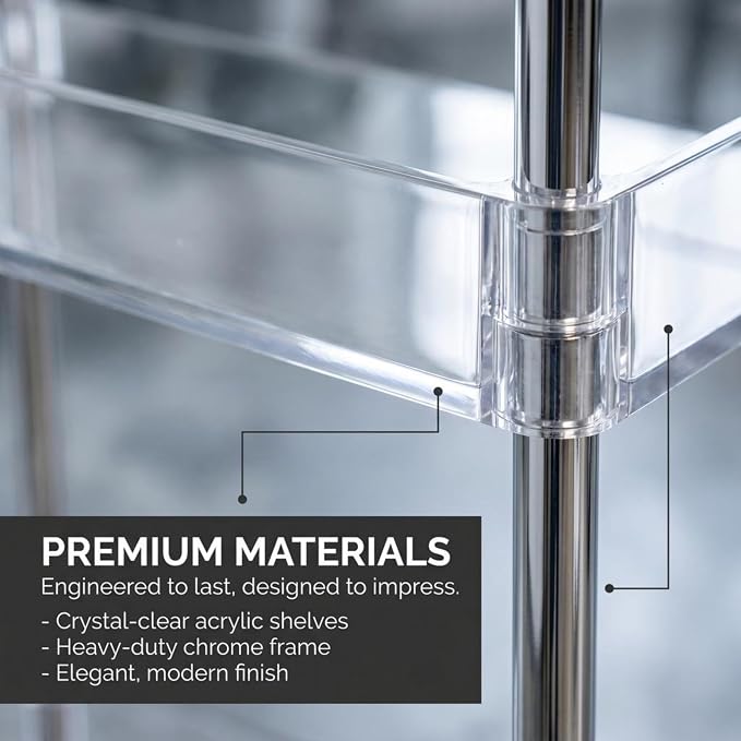 American Dream Home Chrome/Clear Acrylic Slim 3-Tier Rolling Cart Portable Narrow Storage Trolley with Wheels, Transparent Shelves for Bathroom, Kitchen, Office & Small Spaces - Image 5
