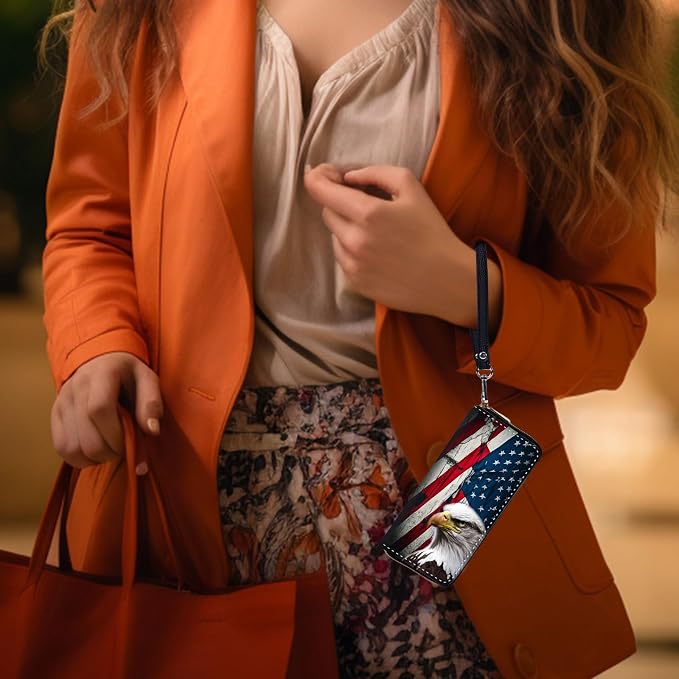 Wallet,Leather Long Wallet Suitable For Ladies And Teenagers - Detachable Wristband + RFID Travel Wallet With Card Slot - Bald Eagle American Flag - Image 6