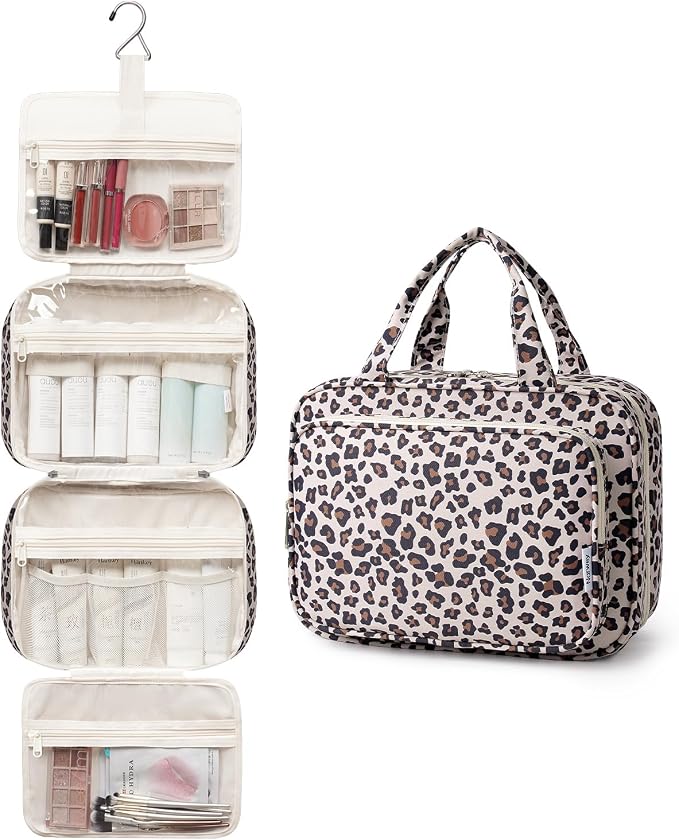 Narwey Travel Toiletry Bag for Women Large Capacity, Hanging Makeup Bag Organizer Toiletries Bag for Full Size Essentials, Accessories, Brushes, Cosmetics (Beige Leopard (Large)) - Image 4