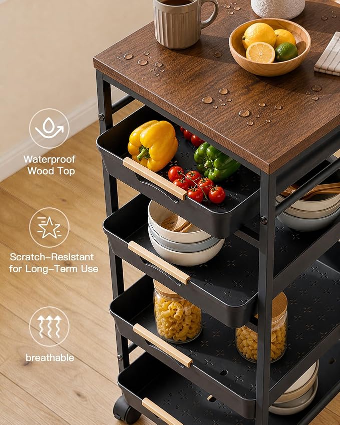 Pipishell Rolling Storage Cart with Drawers & Lockable Wheels, Black | 5 Tier Kitchen Cart with Safety Stops & Vented Design, Wood Top, Pull-Out Utility Cart for Kitchen, Home Office, Bedside - Image 4