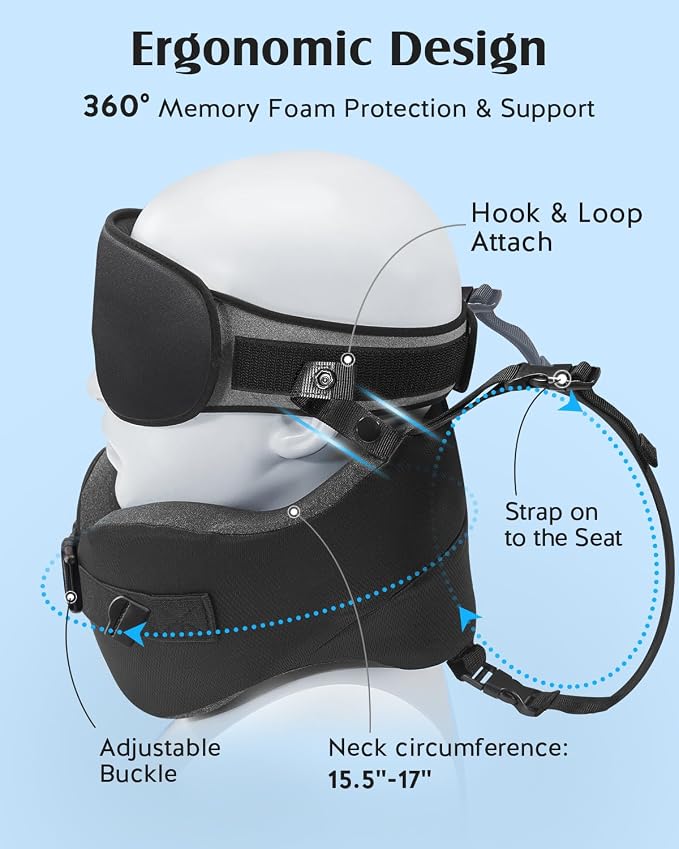 YFONG Travel Pillow with Head Support & Sleep Mask for Long Flights, Black | Patented 360° Support System, Prevents Bobbing, Airplane Head Strap, 3D Eye Mask, Memory Foam Neck Pillow, Travel Essential - Image 5