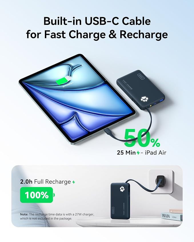 INIU 45W Fast Charging Tablet Portable Charger, Smaller 10000mAh Power Bank | Flight-Safe, Built-in USB C Cable, Flashlight, Battery Phone Pack for Tablet, iPad, iPhone 17 16, Samsung S26 etc, Blue - Image 4