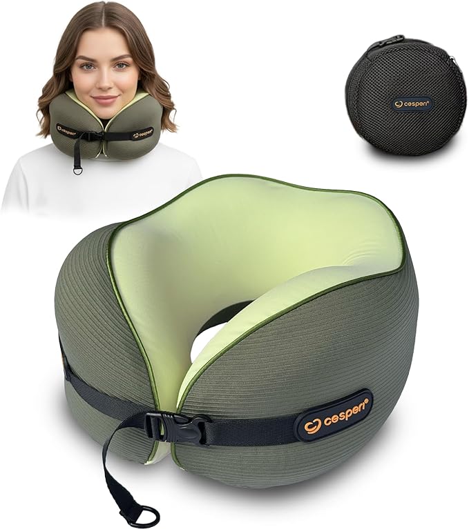 Cesperi® Ergonomic Travel Neck Pillow for Airplanes & Cars, Small | CertiPUR-US® Certified Memory Foam, Washable Cover, Travel Bag, Petite Neck Fit, Neck Pillow for Flights (Avocado Green) by Cesperi%C2%AE