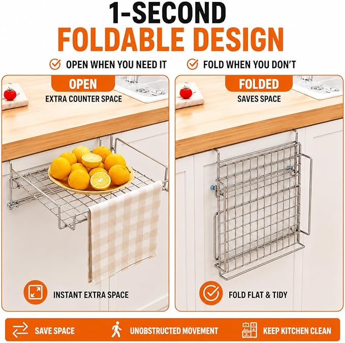 Kitchen Counter Extender, 1-Sec Foldable Over Cabinet Door & Drawer Organizer Shelf, No Drill Hanging Storage Rack Space Saver with Towel Bar for RV & Renters (Stainless Steel Silver) - Image 3