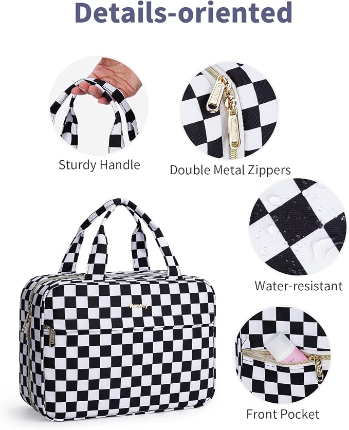 Narwey Hanging Travel Toiletry Bag for Women Checkered Makeup Bag Organizer Cosmetic Make up Toiletries Bag for Travel Essentials Accessories (Black Checkerboard, Large) - Image 5