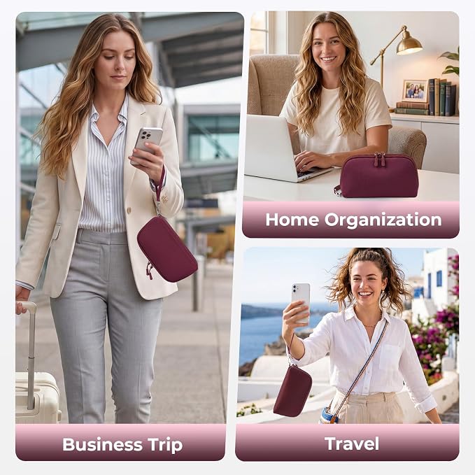 FYY Travel Cable Organizer - 8 Compartments, Lightweight, Water Repellent | With Wrist Strap, Portable Tech Pouch for Cord Charger, Travel and Business Trips Use, Soft Shell Nylon, Wine Red (Small) - Image 7