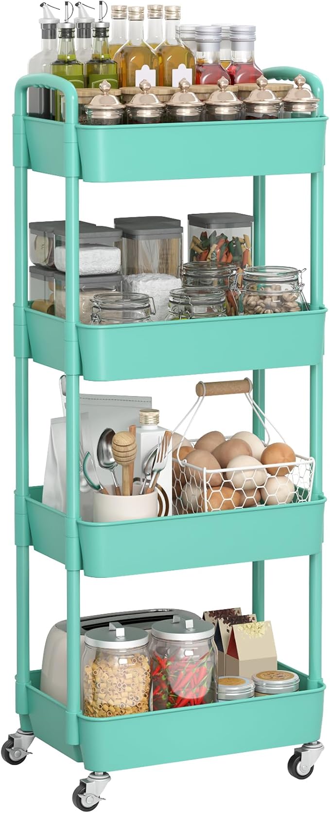 Sywhitta 4-Tier Plastic Rolling Utility Cart with Wheels for Storage,Green | Multi-Functional Storage Trolley, for Office, Living Room, Kitchen, Bathroom,Movable Organizer,Space-Saving,Easy to assemble - Image 7