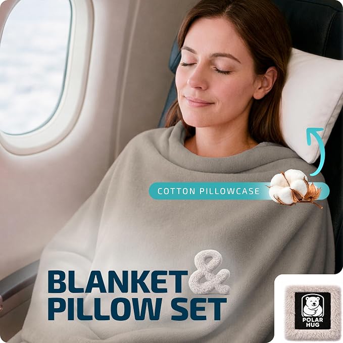 Travel Blanket and Pillow Set — Airplane Blanket with Inflatable Pillow and Cotton Pillowcase, Travel Blanket Combo with Back-Neck Snaps for Long Flights - Image 2