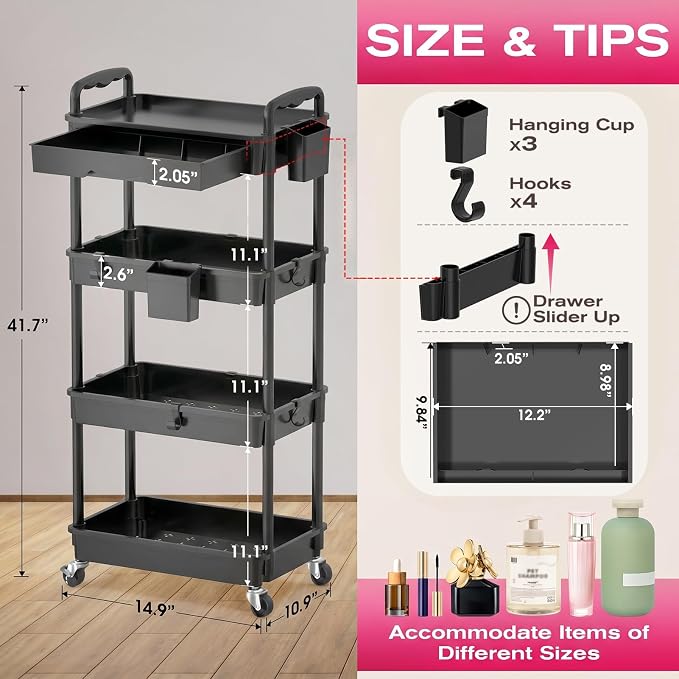 Goovilla Rolling Makeup Organizer Cart with Removable Drawer, 4 Tier Black | Stable Floor Skincare Storage Cart for Vanity, Cosmetic Display, Nail Polish, Perfume, Hair Stuff, Beauty, Bathroom(Plastic) - Image 2