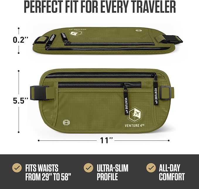 VENTURE 4TH Travel Money Belt, RFID Blocking Passport Holder - Green - Image 3