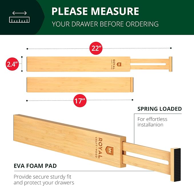 Bamboo Drawer Dividers Organizers, Adjustable Drawer Separator Splitters, 17–22 Inches Expandable Drawer Divider Organizer for Large Utensils, Kitchen, Bedroom, Dresser & Office Drawers 4-Pack - Image 2