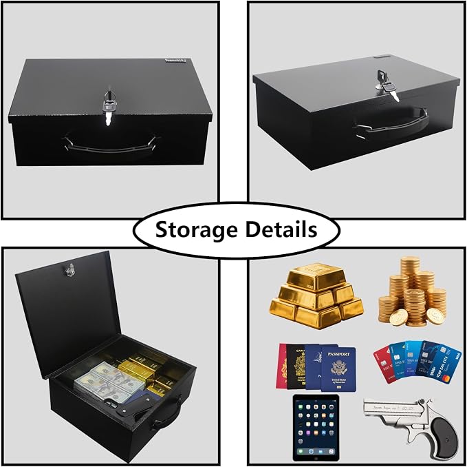 Yuanshikj Fireproof Key Lock Steel Security Safe Box, 0.38 Cu Ft, Black | Portable,Fire Resistance,13.2" W x 11" D x 4.5" H,With Carrying Handle, for Personal Items, Documents,Cash,Jewelry, Money - Image 4
