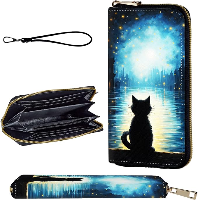 Wallet,Leather Long Wallet Suitable For Ladies And Teenagers - Detachable Wristband + RFID Travel Wallet With Card Slot - Black Cat by Unknown