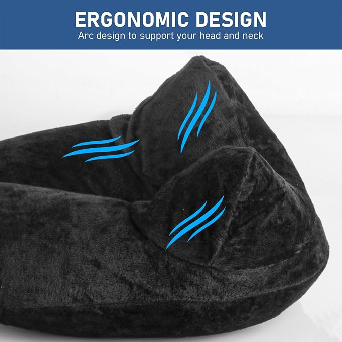 Inflatable Travel Neck Pillow Air Filled Airplane Sleep Support Black | Eye Mask Earplug Set Portable Comfort Travel Accessory Kit - Image 3