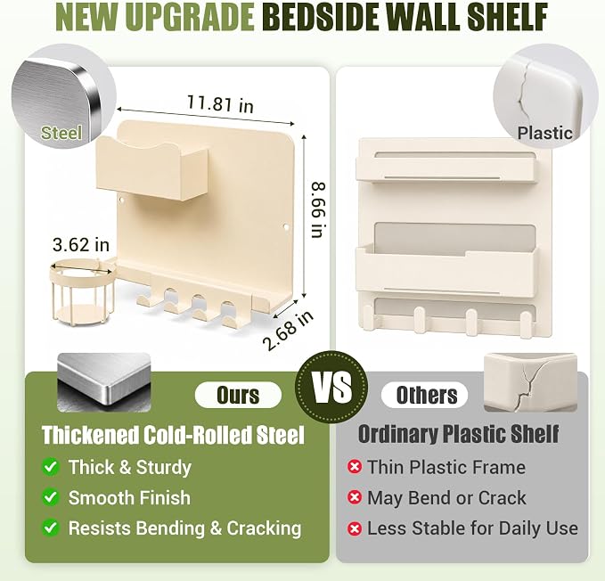 Floating Bedside Wall Shelf, Metal Wall Organizer with Detachable Cup Holde | No Drill Floating Wall Mounted Storage for Bedroom, Dorm, Loft Bed, Bunk Bed & Small Space Organization - Image 2
