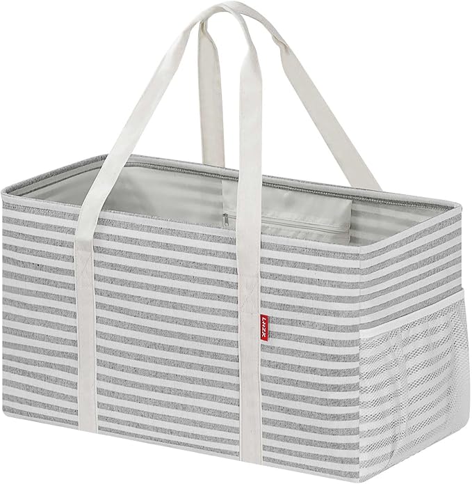 LHZK Standing Extra Large Utility Tote Bag with Metal Wire Frame and the Sides Rinforced, Extra Large Tote Bag with Handle, Reusable Grocery Bags Foldable, Beach Bag, Car Tote (Gray) | 22.5×10.5×12 inch by LHZK