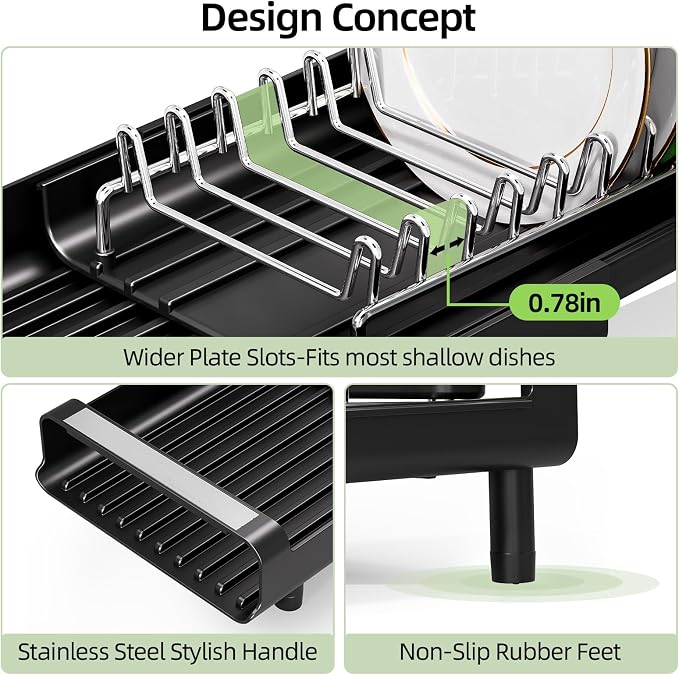 TOOLF Small Dish Drying Rack, Expandable and Space-Saving, Matte Black | Mini Dish racks for kitchen counter, Compact Design Fits Sink or Counter, Stainless Steel Plate Rack, 11"-19.3"L×7.7"W×3.54"H - Image 3