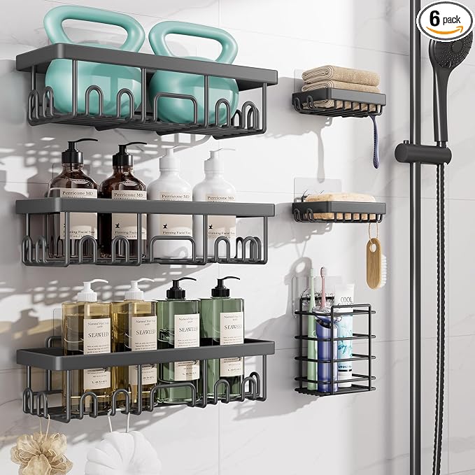 Veken Rustproof & Waterproof Shower Caddy 6-Pack, No Drilling Adhesive Shelves Rack with Soap Holder, Large Capacity Bathroom Organizers and Storage, Wall-Mounted Kitchen & Home Decor, Dark Grey by Veken
