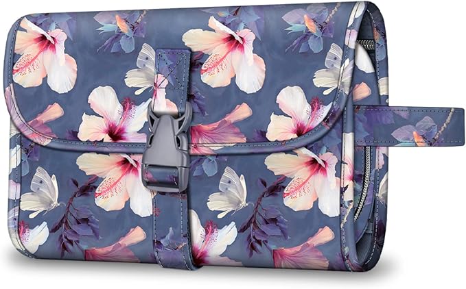 FINTIE Portable Toiletry Cosmetic Travel Bag Hanging Makeup Organizer | Large Water Resistant Storage Pouch Case, For Women Girls, Blooming Hibiscus by Fintie