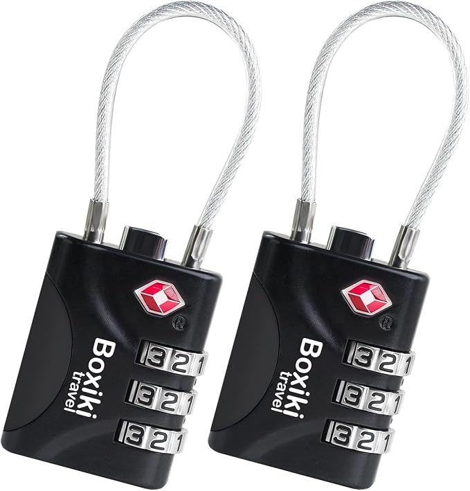 TSA Approved Cable Luggage Locks 2 Pack, 3-Dial Combination Travel Lock Set with Flexible Steel Cable for Suitcases, Backpacks, Carry On Bags, Duffels, Zippers & Cabin Baggage, Small Keyless Padlocks by BoxikiTravel