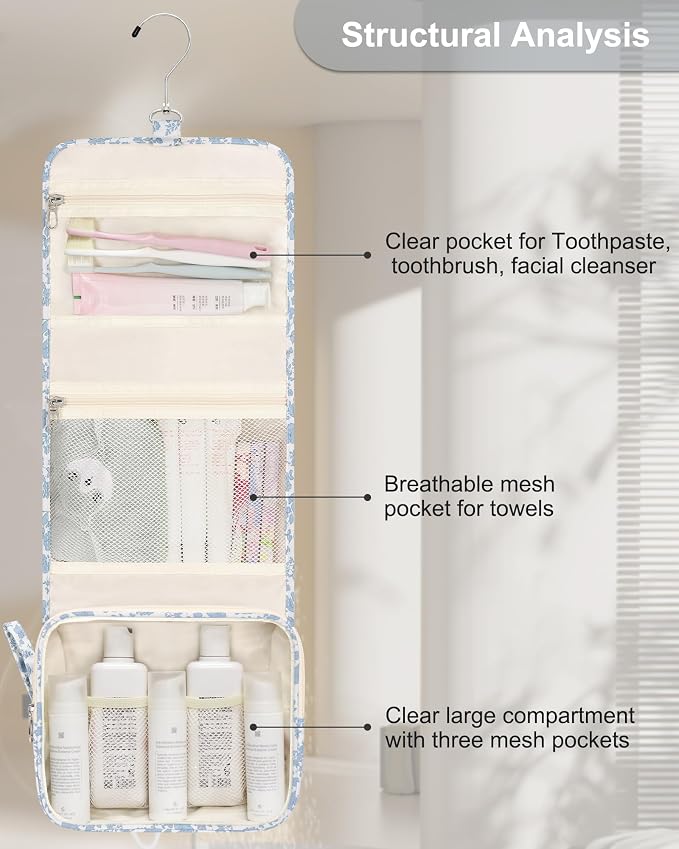 Relavel Small Hanging Toiletry Bag for Women, Floral Hanging Organizer | Portable Travel Bag for Travel-Sized Shower Dopp Kit, Waterproof Toiletries Organizer with 3 Compartments for Outdoor - Image 9