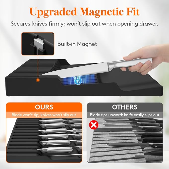Lifewit Magnetic Drawer Knife Organizers Insert Pastic for 16 Knives, Black | Kitchen Plastic In Drawer Knife Block Slots, Steak Chefs Knives Holder Storage for 16 Knives and 1 Sharpening Steel 16.5" - Image 4