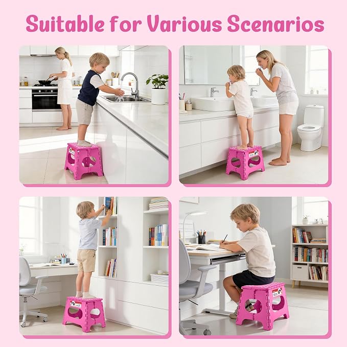 11" Folding Step Stool for Kids and Adults, Holds 300 lb, Rose red | Heavy Duty Collapsible Foot Stool, Lightweight with Built-in Handle, Non-Slip for Adults Kitchen Bathroom Bedroom Outdoor - Image 5