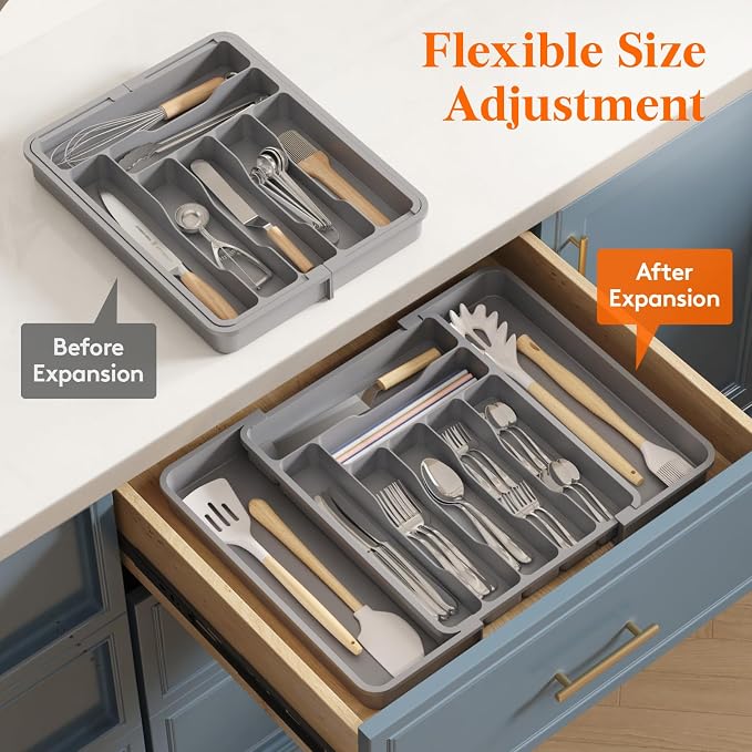 Lifewit Expandable Silverware Drawer Organizer, Kitchen Utensil Tray | BPA-free Plastic Flatware Cutlery Holder, Space-Saving Storage for Spoons Forks Knives, 11.8-19.6 x 15“, Gray - Image 7
