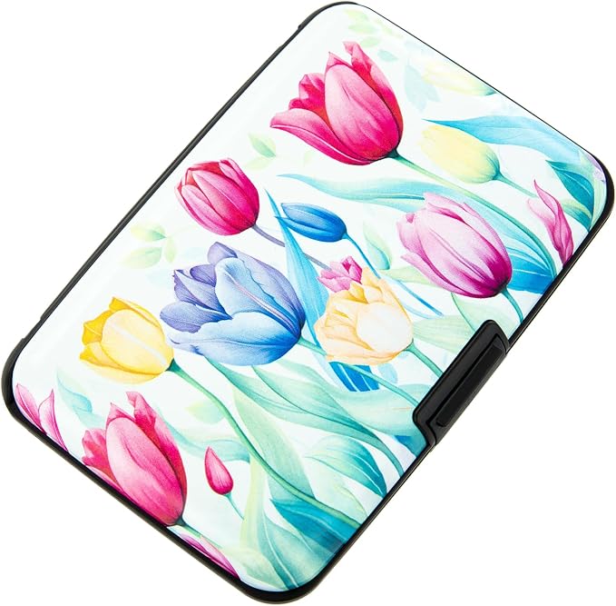 Credit Card Holder for Women Men RFID Blocking Wallet Small Business Metal Slim Mini Aluminum Hard Case (Watercolor Tulips) by Kaabao
