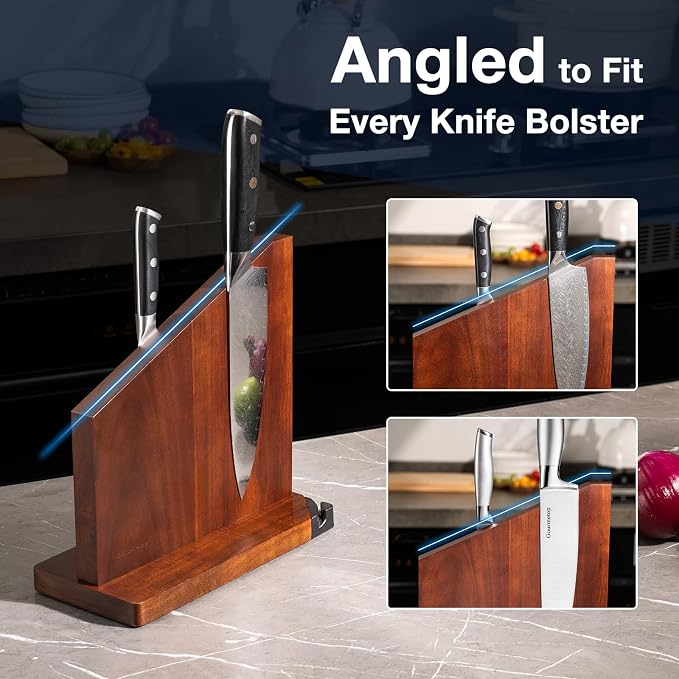 Magnetic Knife Block with Sharpener, Double Sided, Dark Acacia | Multi-Row Magnet, Hold 12 Knives as Damascus & Heavy Cleaver, No Slip, Countertop Kitchen Organizer, No Installation, Gift - Image 4