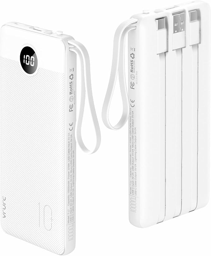 VRURC Power Bank for iPhone, 22.5W Portable Charger with Built-in Cables | 10000mAh USB C In & Out Cord Portable Phone Charger,Slim Lightweight Charging Bank Travel Essentail-White(1 Pack) by Home