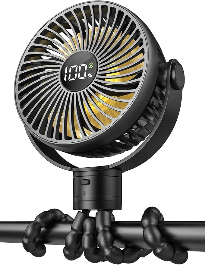 Coohea Portable Stroller Fan, 25H Long-lasting, 4 Speed, Night Light, Black | 4000mAh Rechargeable Battery Powered Fan, Head Detachable 360° Rotate Mini Fan, Easy to Wrap for Car Seat Crib Bike Treadmill by Coohea