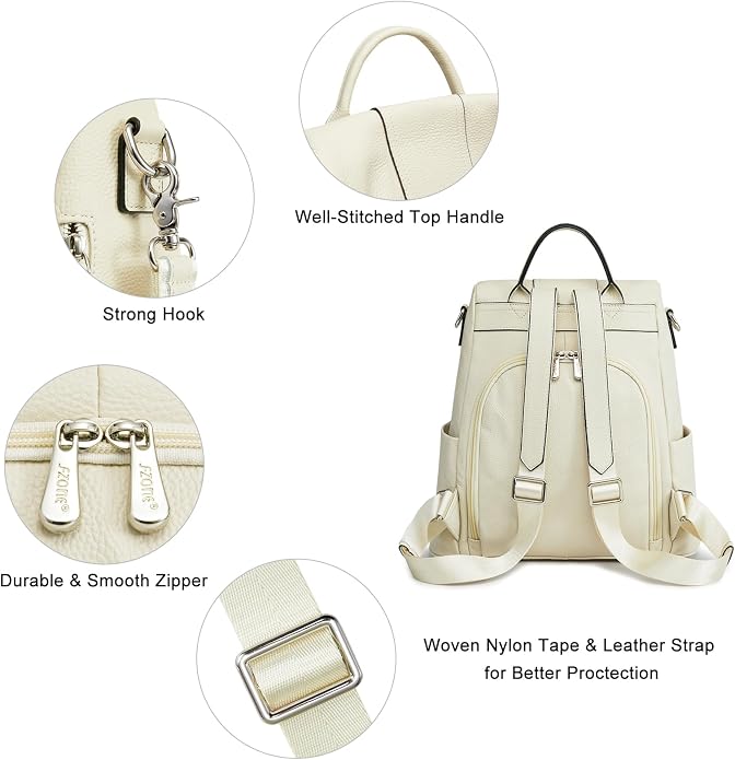 S-ZONE Leather Backpack Purses for Women Antitheft Rucksack Shoulder Bag Medium | Genuine Leather, Medium Fits 9.7-inch Tablet, for Work Travel Daily Commute, Multi Pockets, Adjustable Dual Straps - Image 5