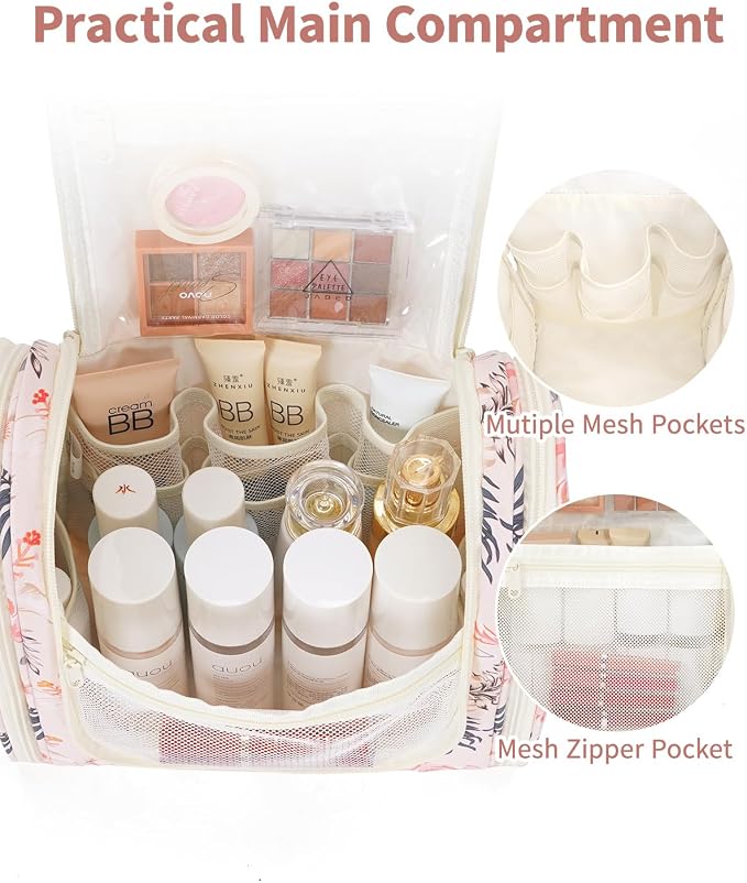 Narwey Hanging Toiletry Bag for Women Travel Makeup Bag Organizer Toiletries Bag for Cosmetics Essentials Accessories (Large, Beige Bird) - Image 3
