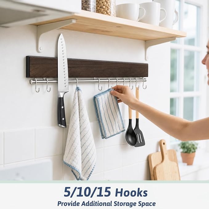 17 Inch Magnetic Knife Holder for Wall - Stainless Steel Magnet Knife Strip No Drill with 10 Hooks/Adhesive Tape/Screws, Wall Mounted Kitchen Utensil Holder, Walnut-Finish Magnetic Knife Organizer - Image 4