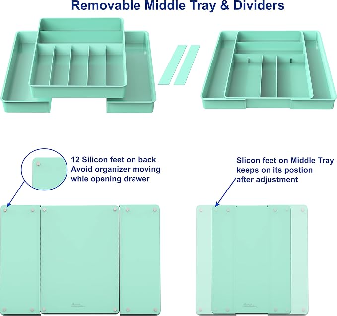 Simple Houseware Expandable Kitchen Drawer Flatware Organizer, Turquoise | Expandable & Adjustable Cutlery Drawer Organizer - Large Utensil and Flatware Tray for Kitchen Drawers - Image 4