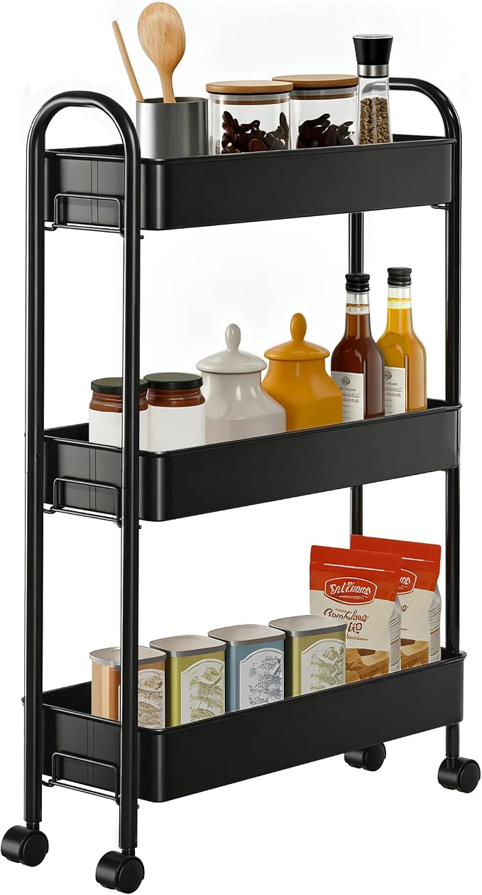 Slim Rolling Cart, Metal Frame Utility Rolling 3-Tier Narrow Storage Cart | Kitchen Storage Organizer, Mobile Shelving Unit for Bathroom Kitchen by Unknown
