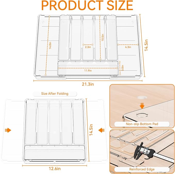 Large Clear Expandable Silverware Drawer Organizer for Kitchen,BPA FREE Adjustable Utensil Drawer Organizer and Silverware Tray,Plastic Flatware Organizers,Cutlery,Knife,Fork and Spoon Holder - Image 3