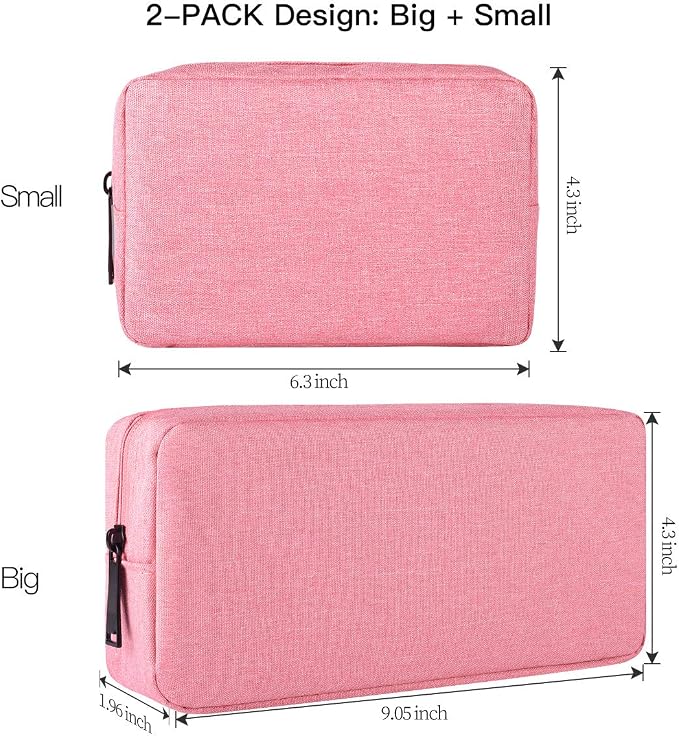 2-PACK Accessories Bag for Women Ladies Travel Organizer, Big+Small Portable Storage Bag Pouch Electronics Accessories Carrying Case Cosmetic Bag for Hard Drive, Mouse, Cable, Adapter, Cellphone, Pink - Image 2