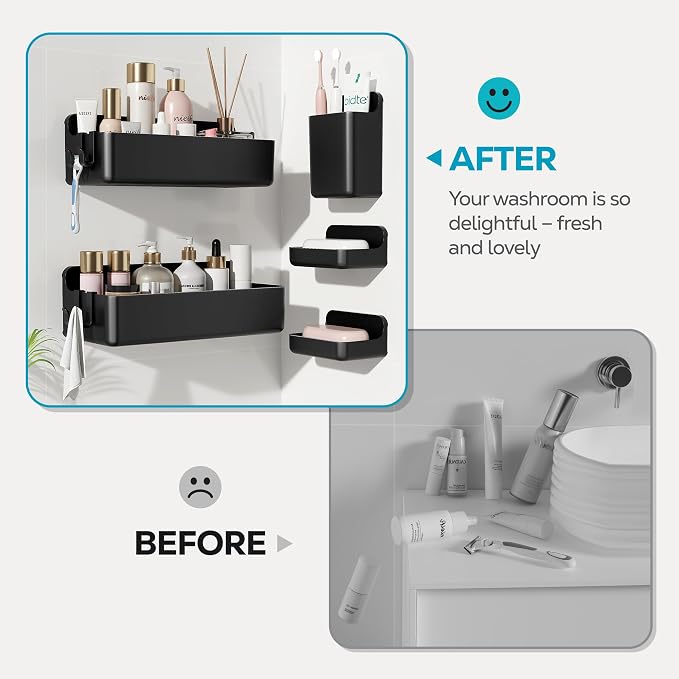 Nieifi Adhesive Shower Shelves, Black, 5 Pieces | Rustproof ABS, Large Capacity, Removable Design, Easy-Clean, No Drilling Shower Organizer for Bathroom Storage & Home Decor - Image 4
